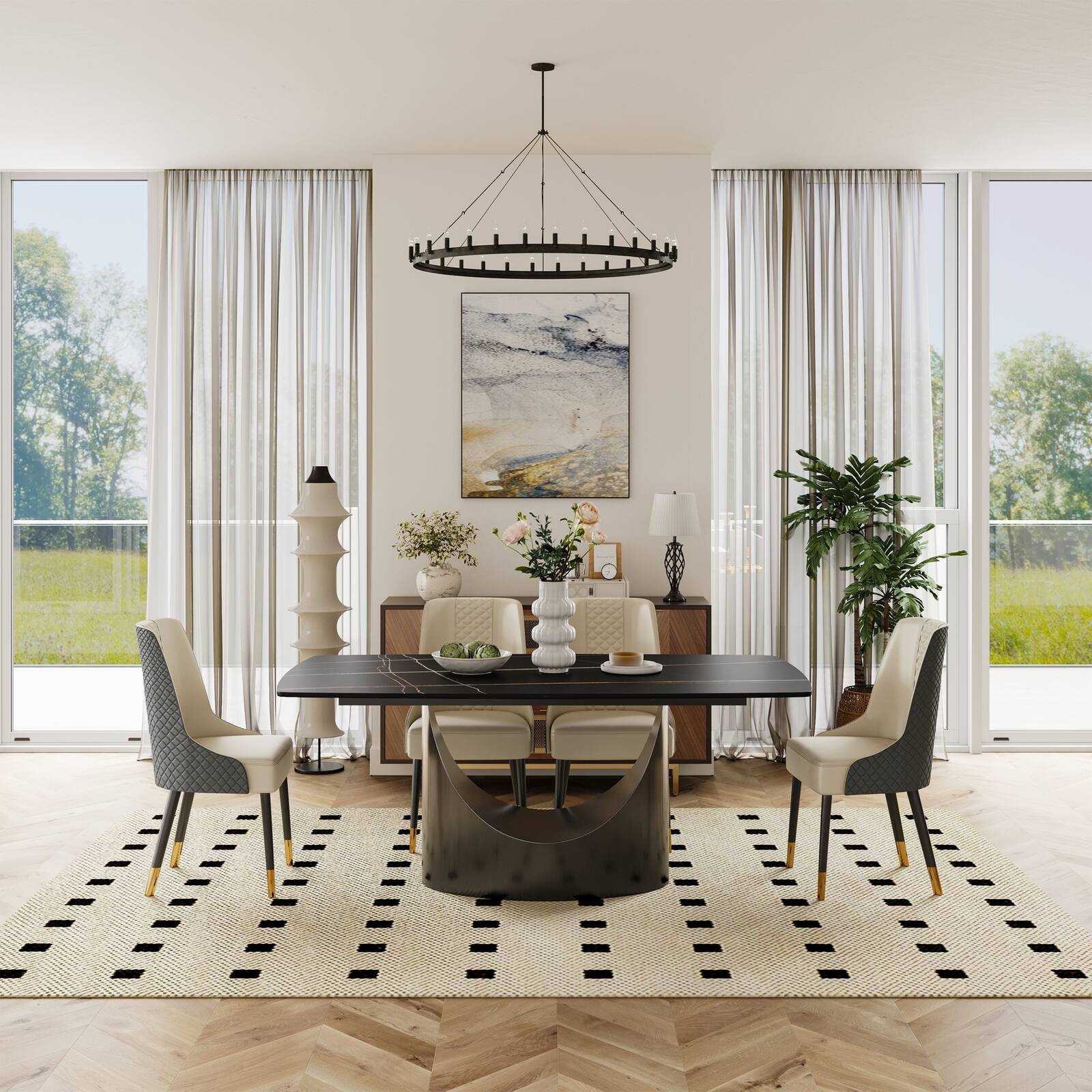 Modern Dining Table with Rectangular Sintered Stone Tabletop, Carbon Steel Leg, Minimalist Kitchen Dining Room Table