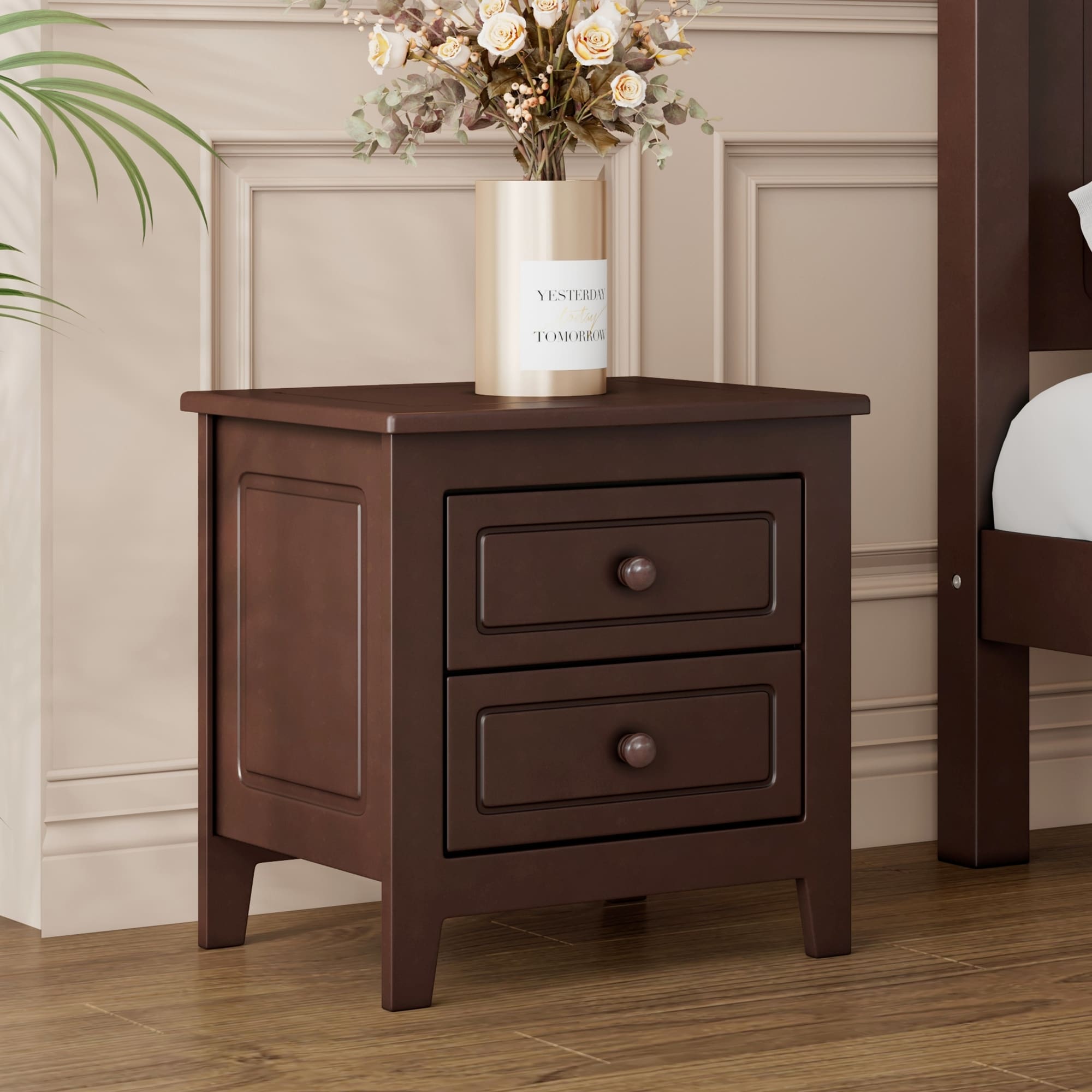 Mid-Century Solid Wood Nightstand，Bedroom Storage Cabinets with Solid Wood Legs，End Table with Storage, Small Dresser