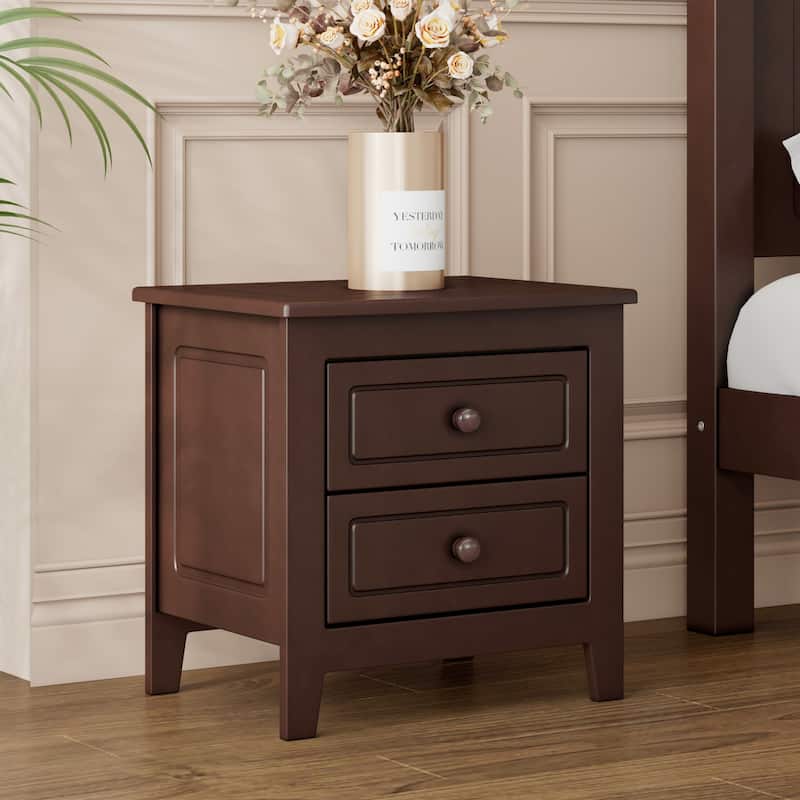Mid-century Retro Dark Walnut Nightstand/Bedside Table with 2-Drawer for Bedroom