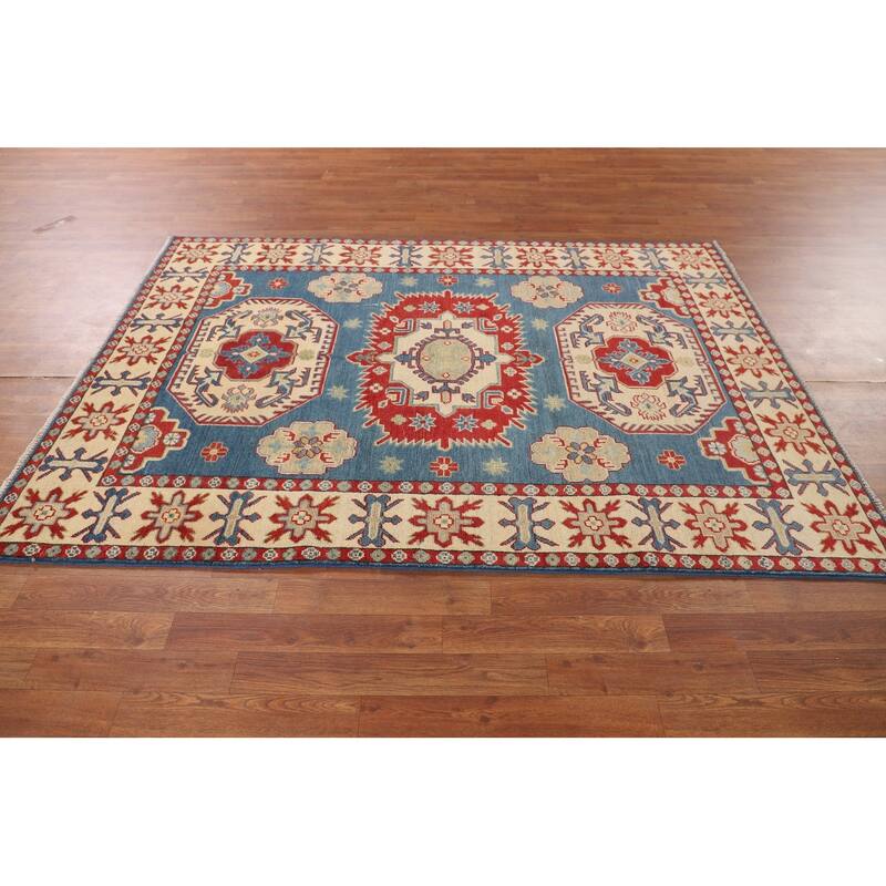 Blue Geometric Kazak Oriental Area Rug Bedroom Handmade Wool Carpet - 4'10" x 6'11"