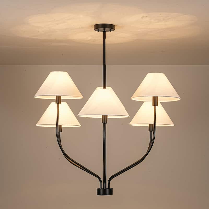 6-Light Modern Gold/Matte Black Sputnik Staggered Large Chandelier with Cone White Fabric Shade