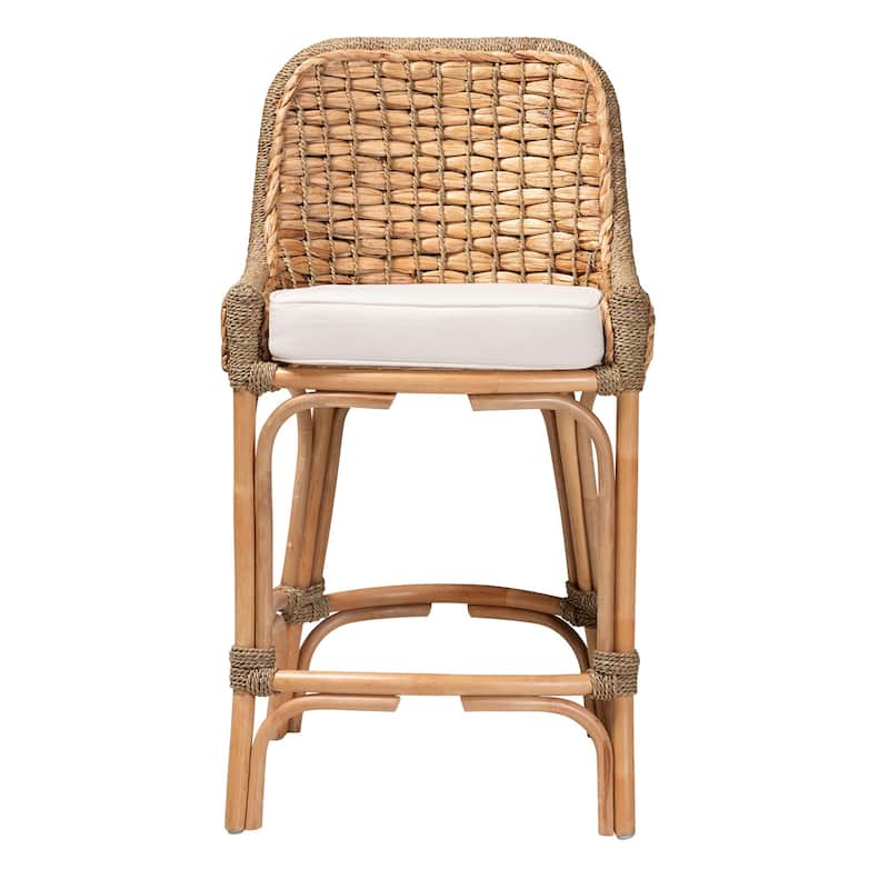 Kyle Bohemian Natural Brown Woven Rattan Counter Stool with Cushion