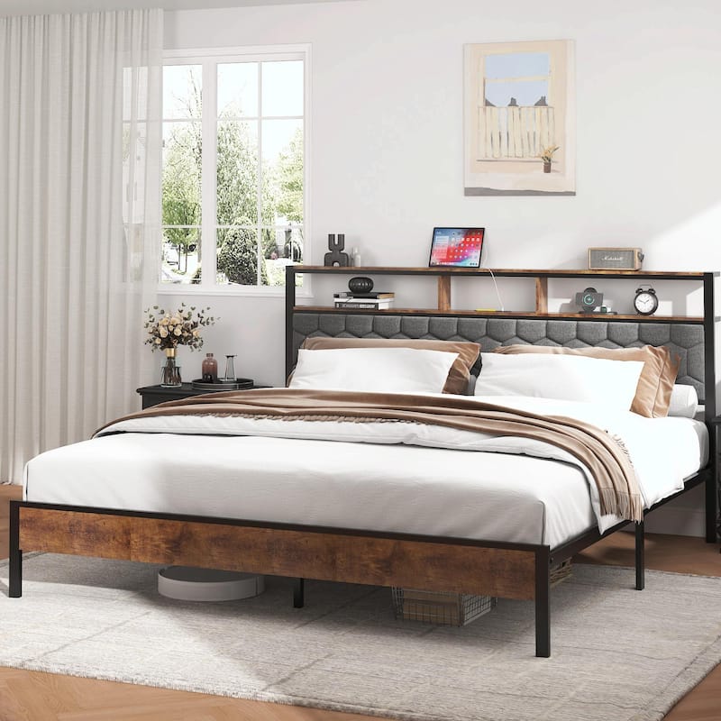 Vintage Shelf Headboard Bed - Built-in USB Ports - King
