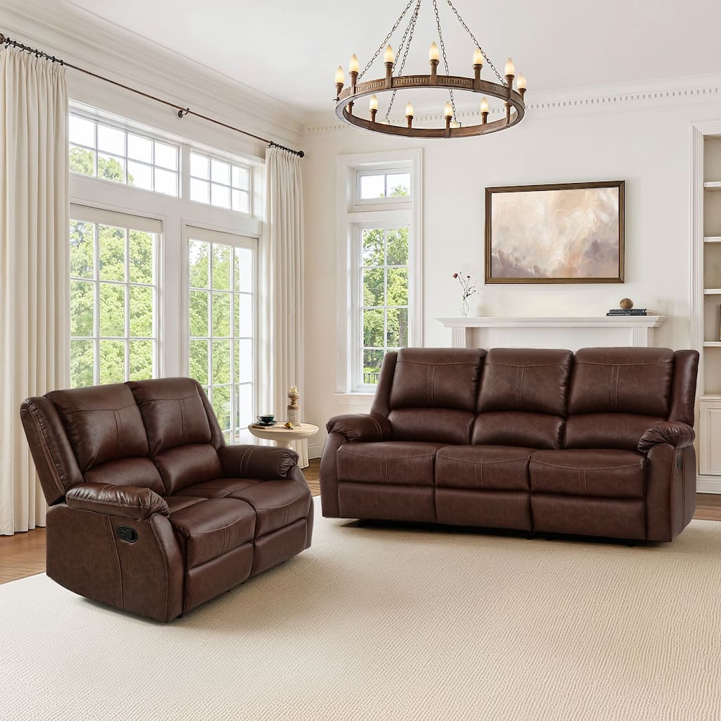 Modern Manual Recliner Chair, 2-Piece Faux Leather Reclining Sofa Set For Living Room, Black / Saddle Brown / Brown Double Color
