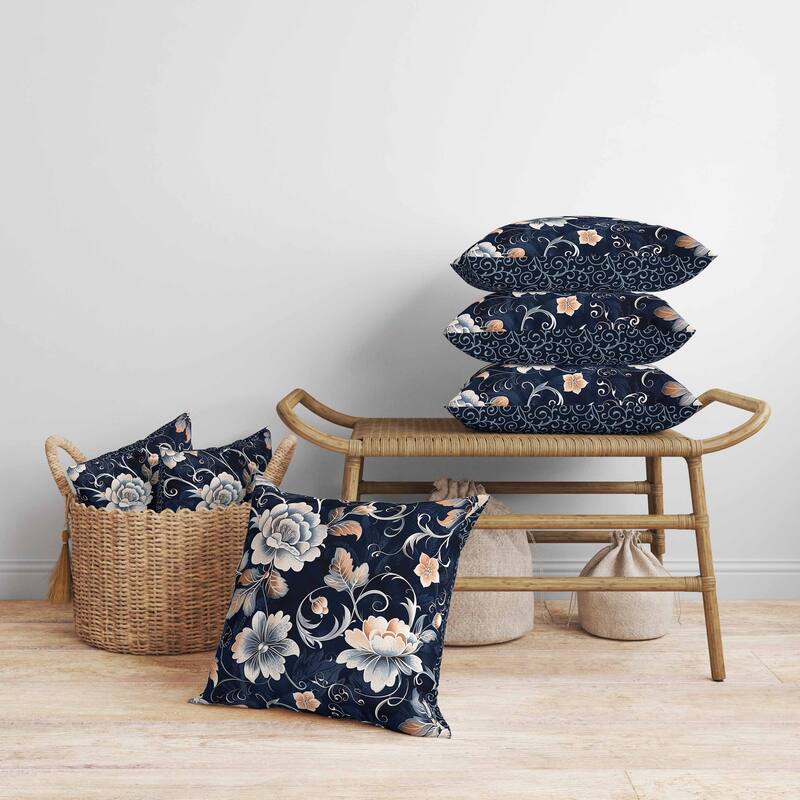 Curled Floral Vines Faux Suede Reversible Throw Pillow Blue and Peach