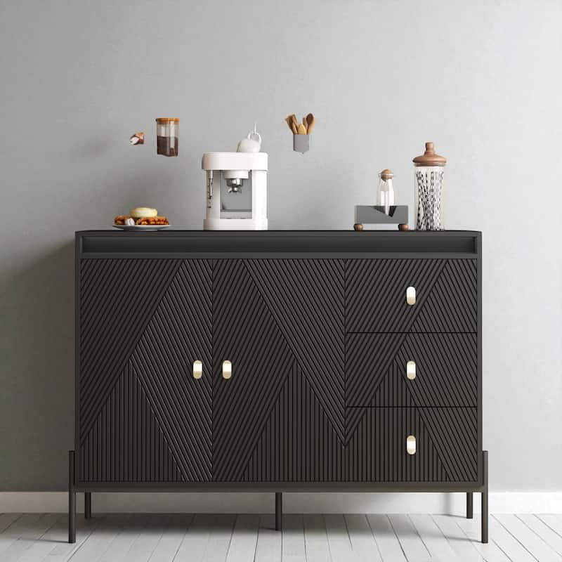 48" Black Fluted Sideboard Cabinet with 2 Doors, 3 Drawers & LED Lights, Modern Storage Buffet for Dining & Kitchen - Black