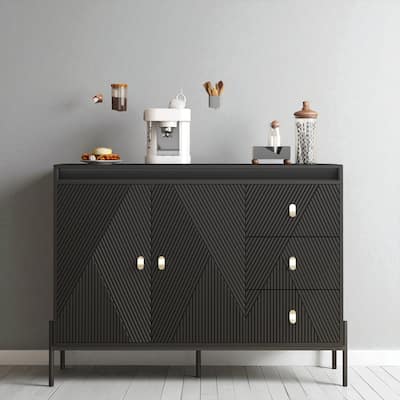 48" Black Fluted Sideboard Cabinet with 2 Doors, 3 Drawers & LED Lights, Modern Storage Buffet for Dining & Kitchen