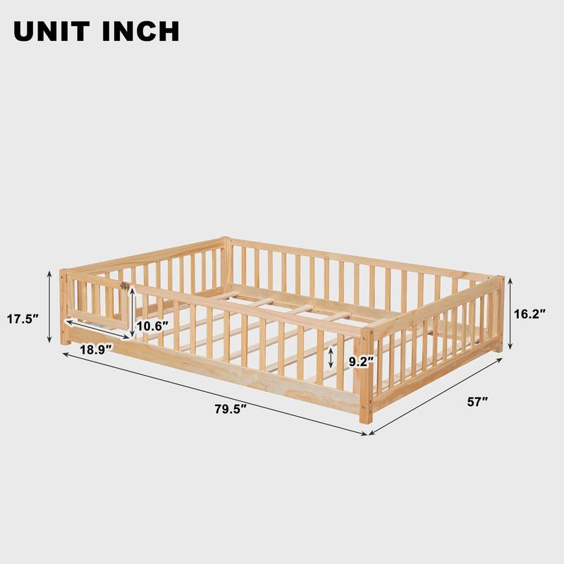 Full size Floor Platform Bed with Fence and Door