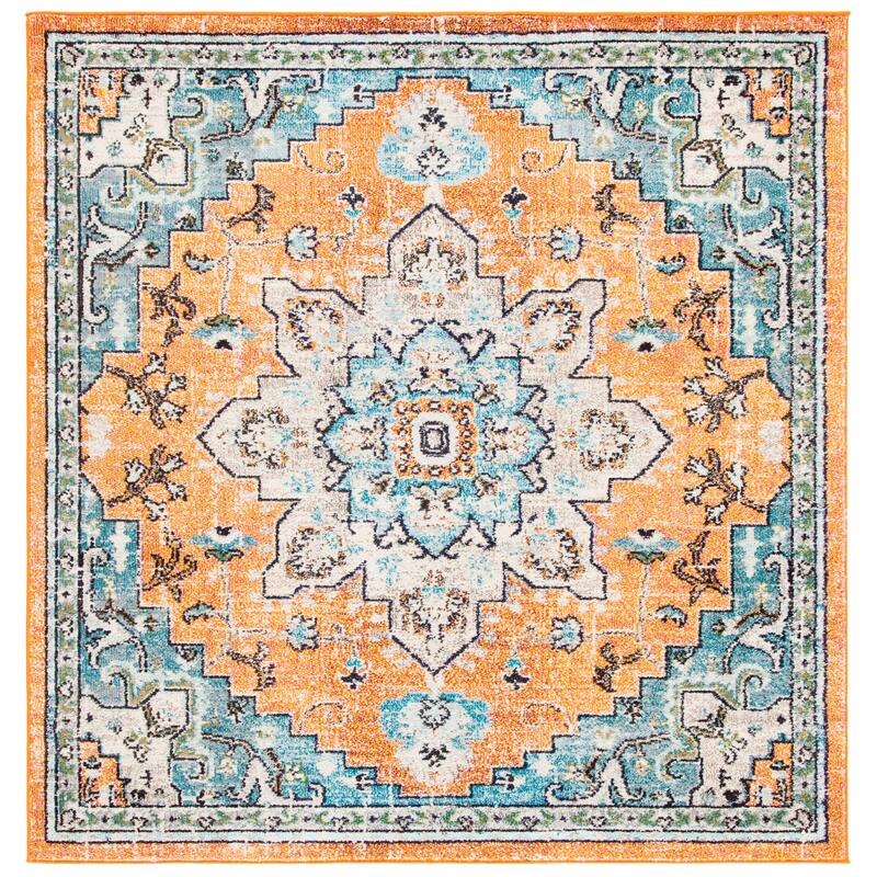 SAFAVIEH Madison Diederike Boho Medallion Distressed Rug - 6'7" Square - Orange/Teal - Square