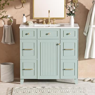Elegant Green & Gold Cabinet Bathroom Vanity with Vertical Stripe Door, Standard Drawers, 2-Layer Drawers and Adjustable Shelf