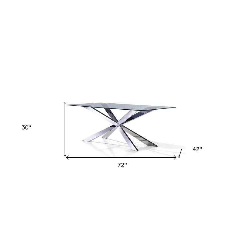 HomeRoots 72" Clear and Silver Glass and Metal Cross Leg Base Dining Table - 72.00 in. x 30.00 in. x 42.00 in.