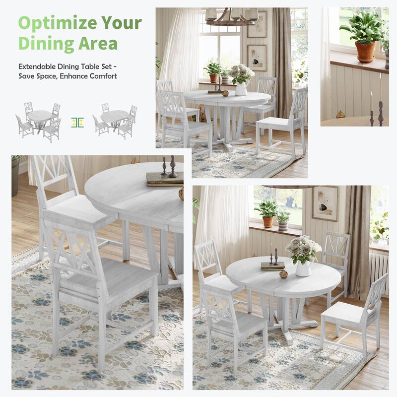 Extendable Dining Table Set Round Trestle Table and 4 Cross Back Dining Chairs