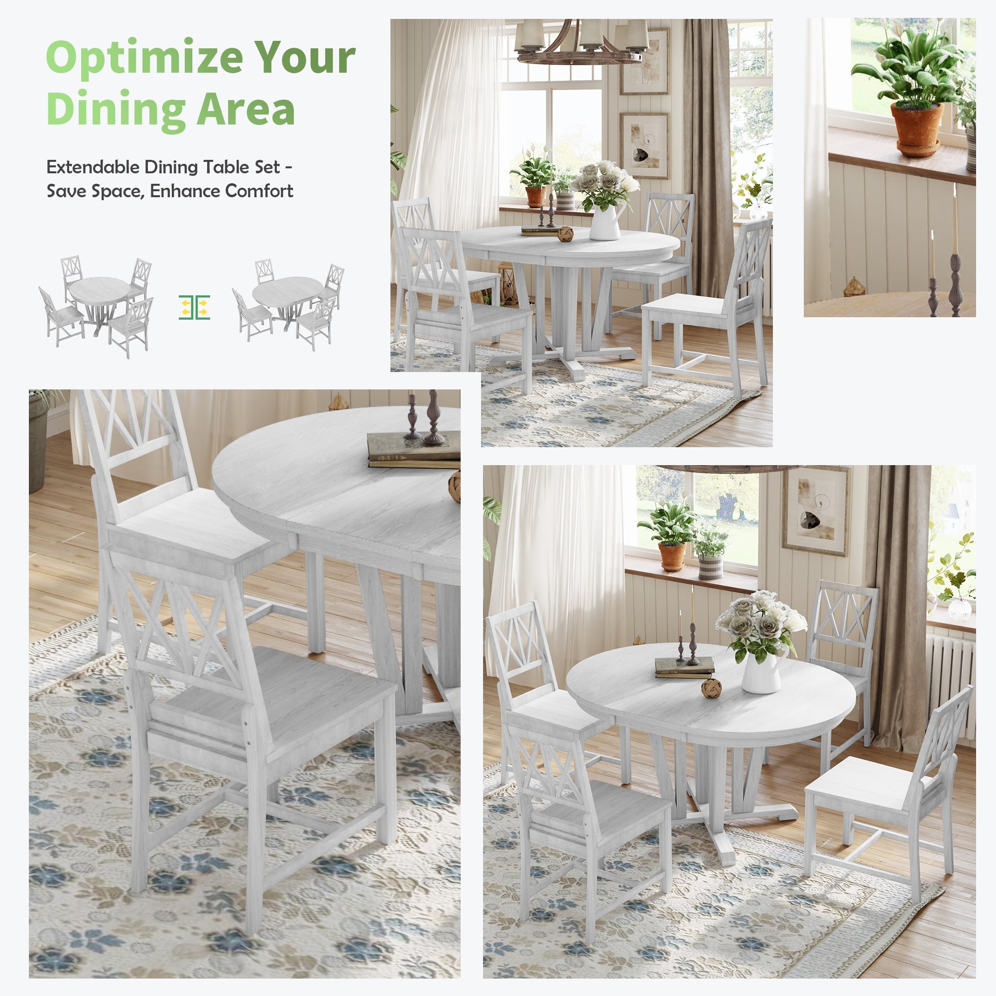 Rustic 5-Piece Extendable Dining Table Set Round Trestle Table and 4 Cross Back Dining Chairs for Kitchen