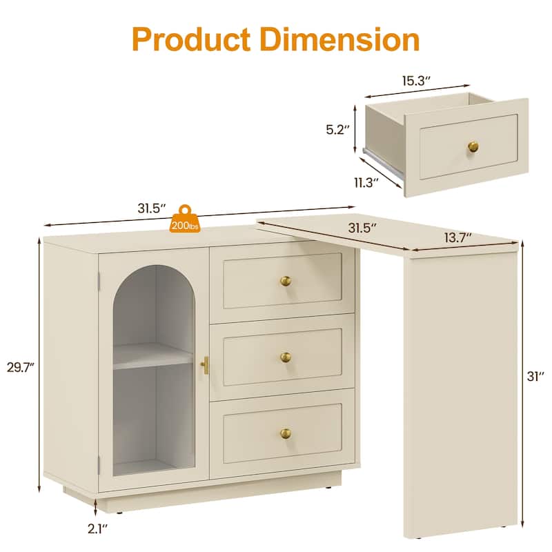 Extendable Makeup Vanity Desk with 3 Drawers & 1 Door