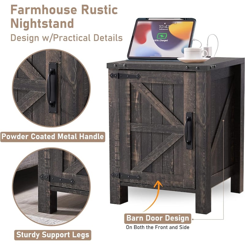 Farmhouse Wood Nightstand with Charging Station, End Table, Side Table