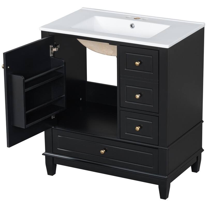 30" Bathroom Vanity with Ceramic Sink, Freestanding Bathroom Vanity Cabinet w/ 3 Storage Drawers, 1 Soft Close Door & Door Shelf