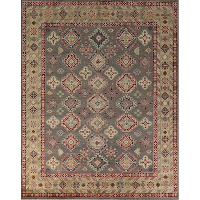 Hand Knotted Oriental 100% Wool Carpet Traditional Geometric Greys & Charcoal Kazak Area Rug - 9' 9'' X 8' 5''