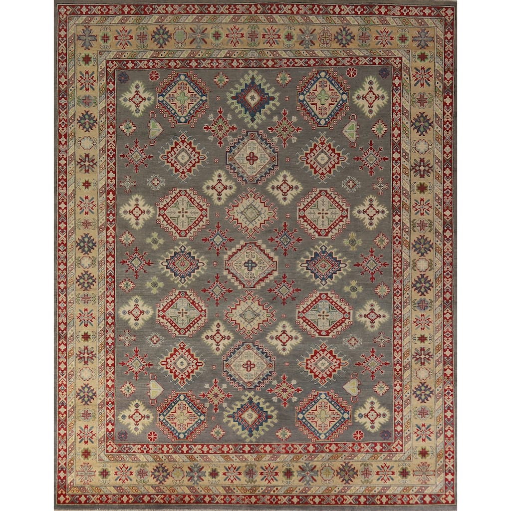 Hand Knotted Oriental 100% Wool Carpet Traditional Geometric Greys & Charcoal Kazak Area Rug - 9' 9'' X 8' 5''