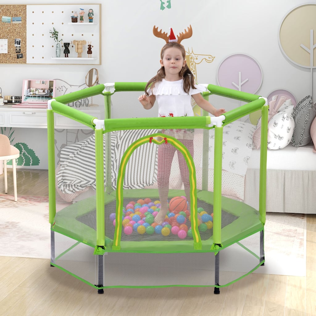55" Toddlers Trampoline with Safety Enclosure Net and Balls, Indoor Outdoor Mini Trampoline for Kids