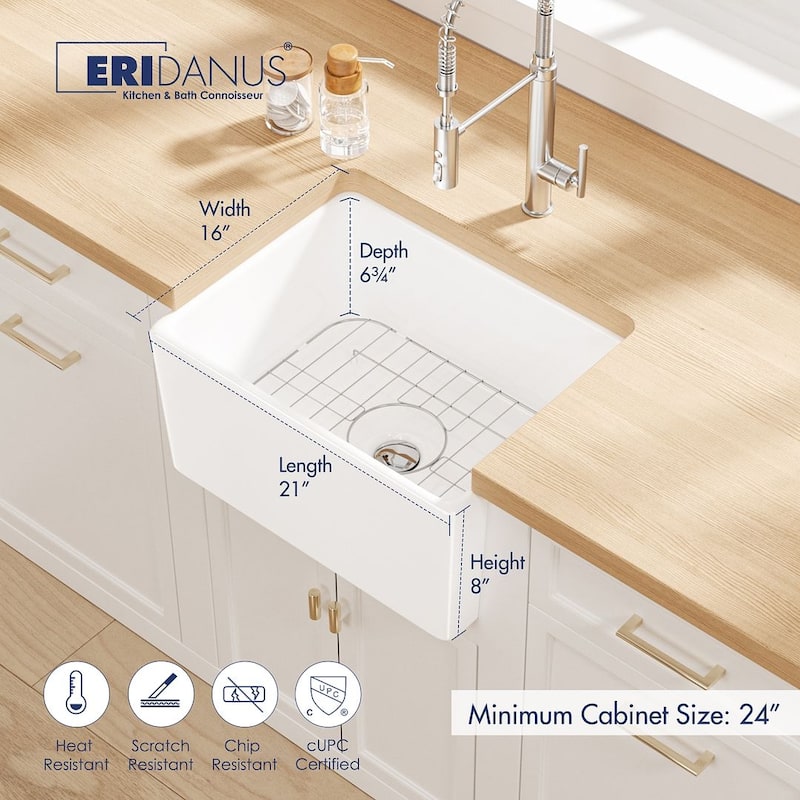 Eridanus 21" x 16" Ceramic Salena Farmhouse Kitchen Sink with Grids - 21" x 16"