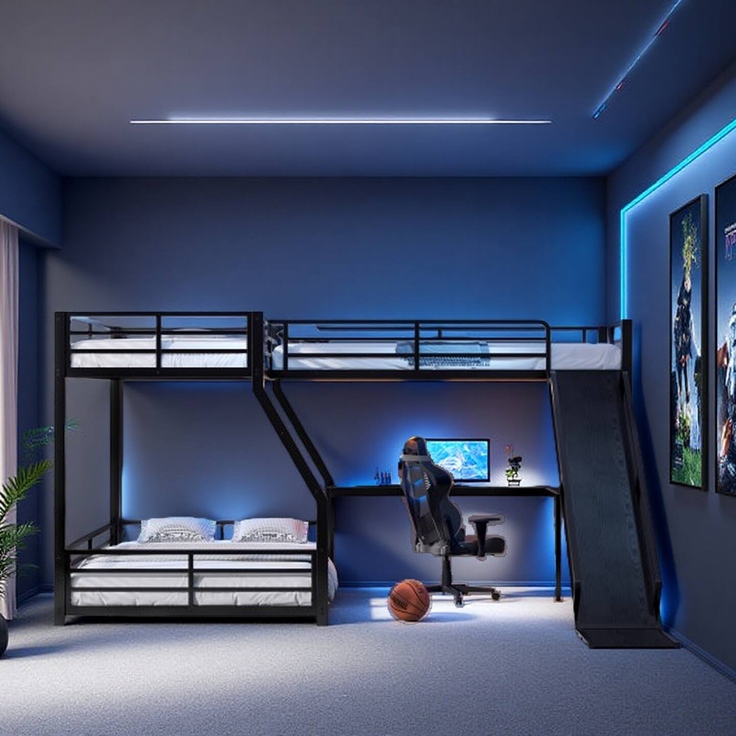 Metal Triple Bunk Bed Twin XL over Queen with Loft, Slide, USB Ports, Full Guardrails and Noise-Reducing Design