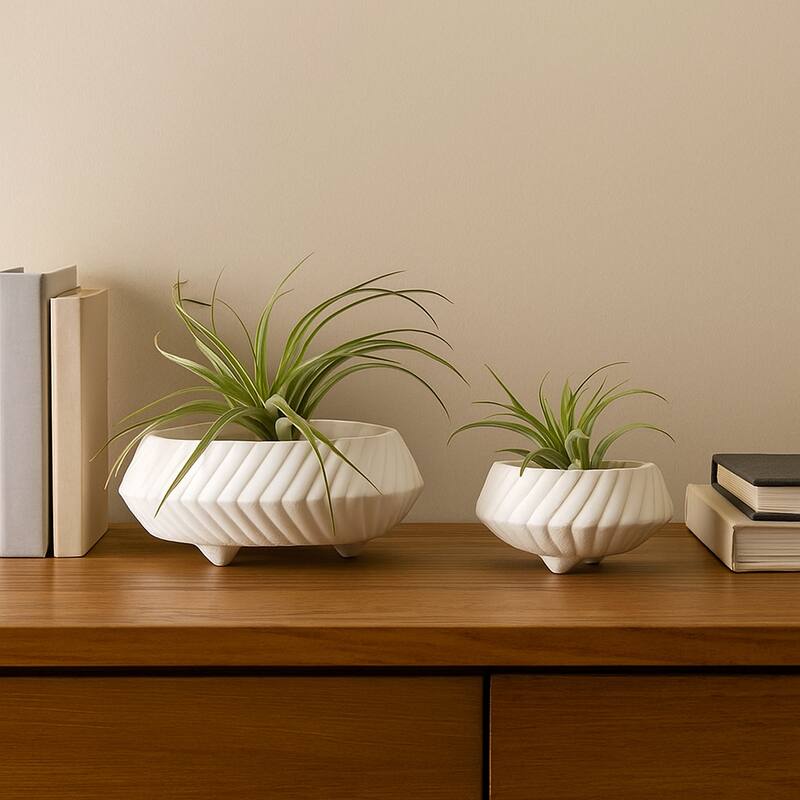 Pottery Tapered Footed Sculpted Textured Bowls-Set of 2-11",15" - 15.0"