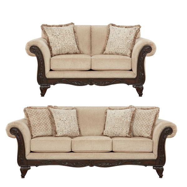 Roundhill Furniture Hernen 2 Piece Living Room Set Carved Wood Frame Sofa and Loveseat Emma Wheat Beige