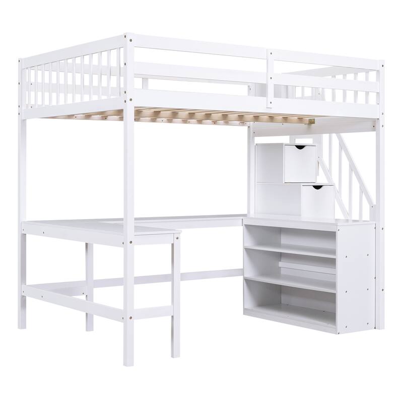 Full Size Pine Wood Loft Bed with Built-in L-Shaped Desk and Three-Tier Storage Shelves, and Attached Storage Staircase
