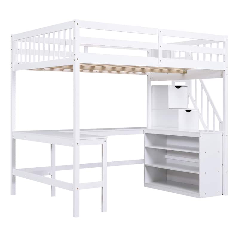 White Full Size Pine Wood Loft Bed with L-Shaped Desk and Storage