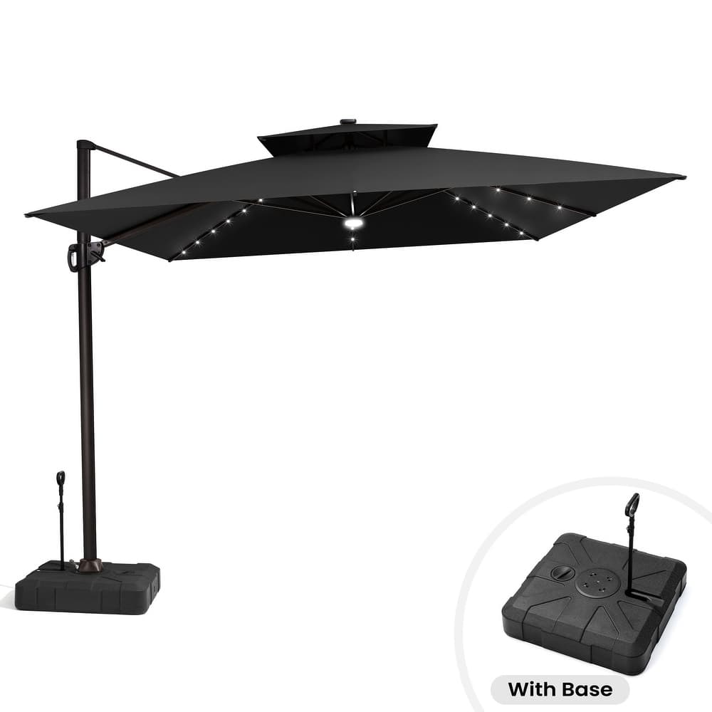 11 ft Outdoor Aluminum Dual Top Solar Powered LED Patio Cantilever Umbrella and Weighted Base with Wheels and Drag Rod