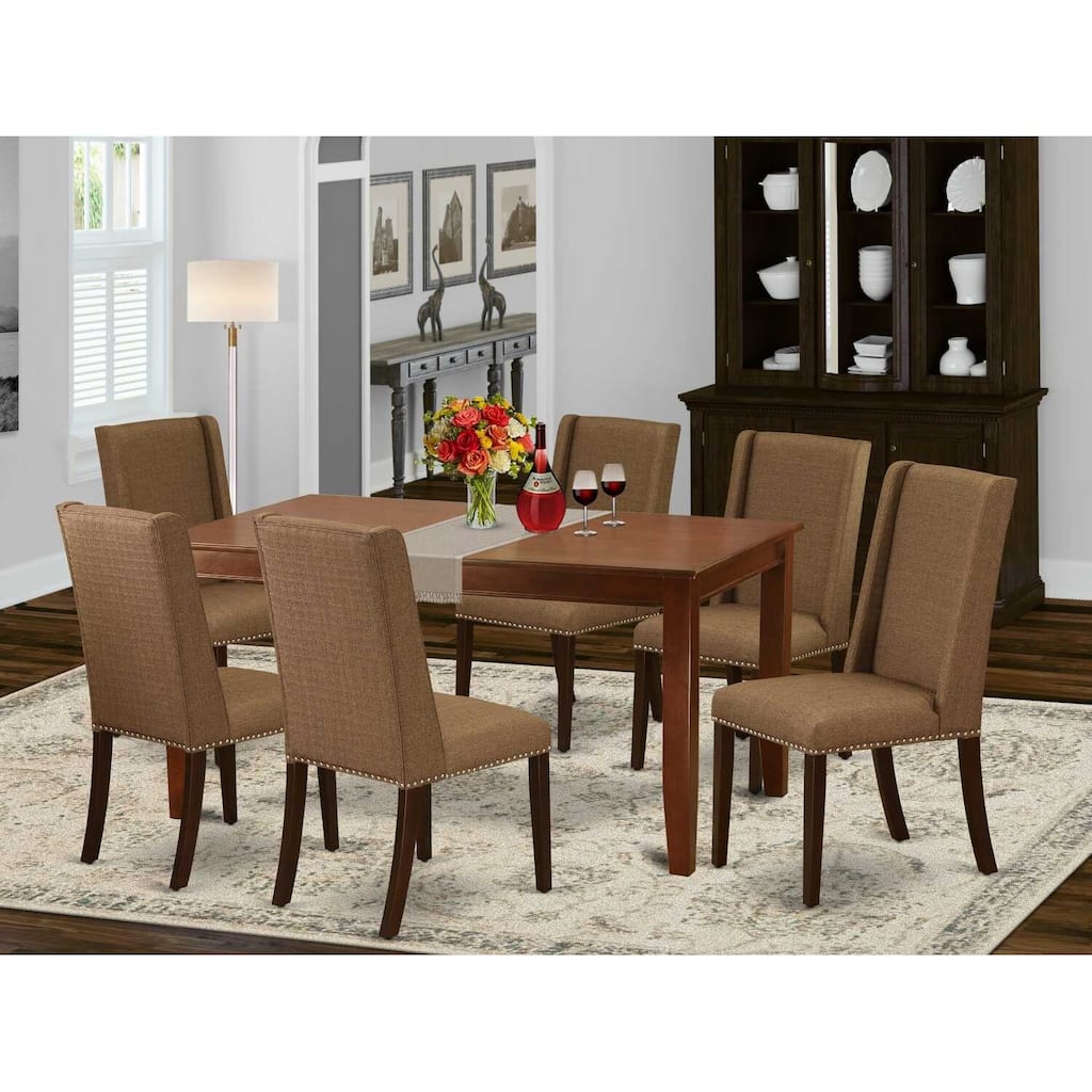 HomeStock 7-Piece Mahogany Finish Solid Wood Top Dining Table with 6 Parson Chairs with Lattice Back