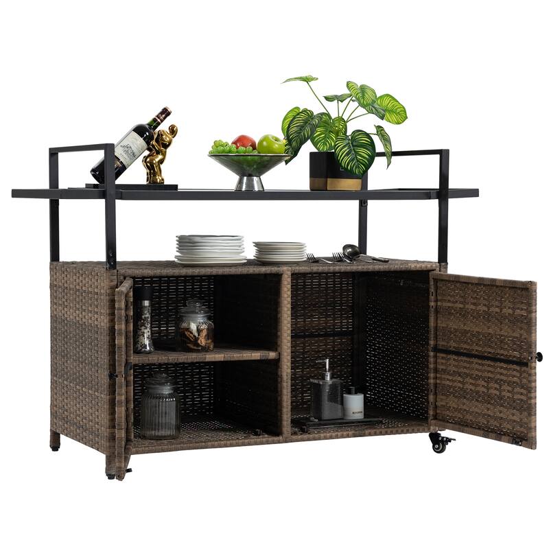 Tengbian mobile tea sailor cart, door storage mobile dining cart, three-level service dining cart, storage cabinet - Light Brown