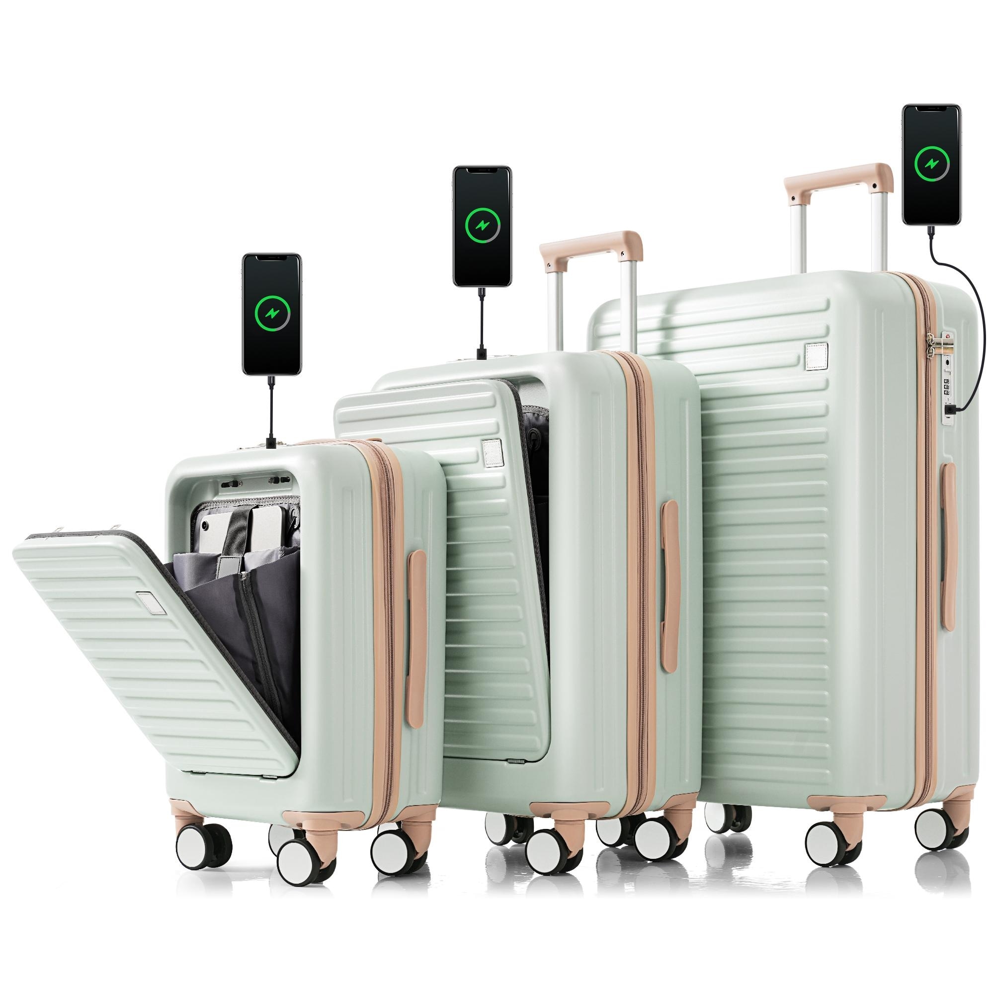 Luggage Set of 3, 20,24,28"with USB Port,20 24"With Front Opening Design, Cup Holder, ABS Hard Shell Luggage with Spinner Wheels