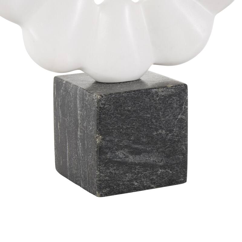 White Marble Floral Inspired Ring Geometric Decorative Sculpture with Black Block Base