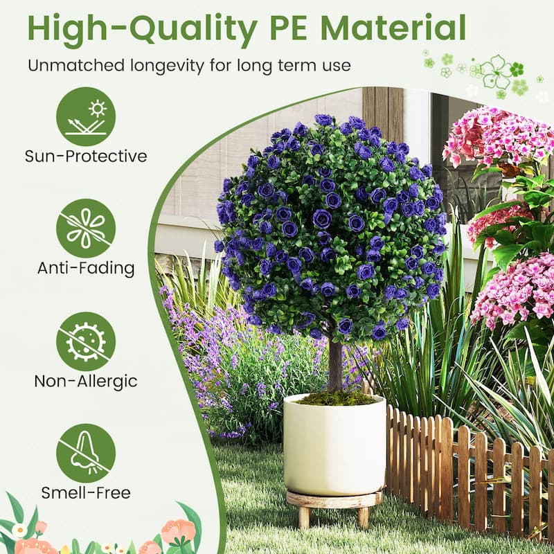 Artificial Purple Rose Topiary Ball Tree Artificial Shrubs Bushes - Green & Purple