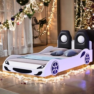 Kids Race Car-Shaped Platform Bed with LED and Upholstered Seat-type Backrest