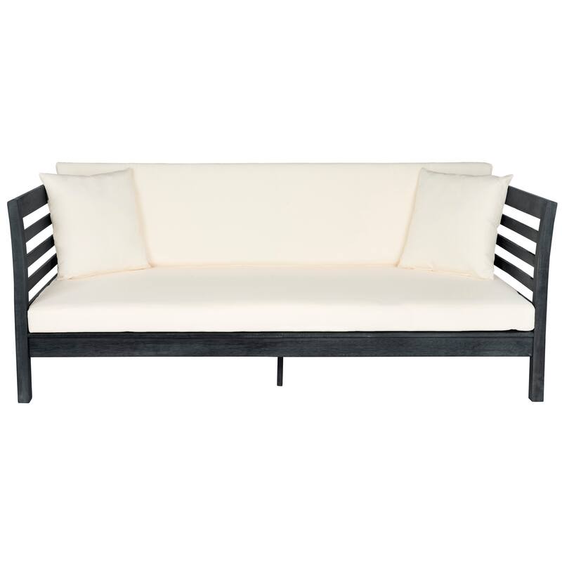 SAFAVIEH Outdoor Eriona Acacia Wood Cushioned Daybed - 39W x 27D x 72H - Dark Slate Grey/Beige