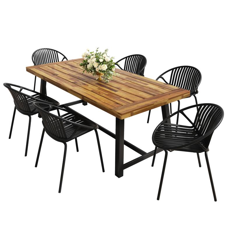 7 Pieces Outdoor Modern Dining Set with Stackable Chair, White