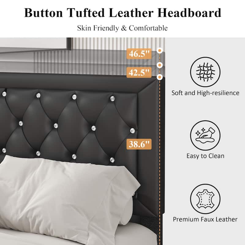 Diamond Tufted Queen Size Bed Frame – Faux Leather & Velvet Options with Button Tufted Headboard, Under-Bed Storage