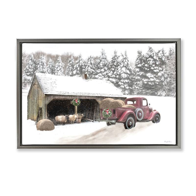 Stupell Snowy Winter Farm Sheep Framed Floater Canvas Wall Art Design By Robin-Lee Viera - 31 x 21 - Grey