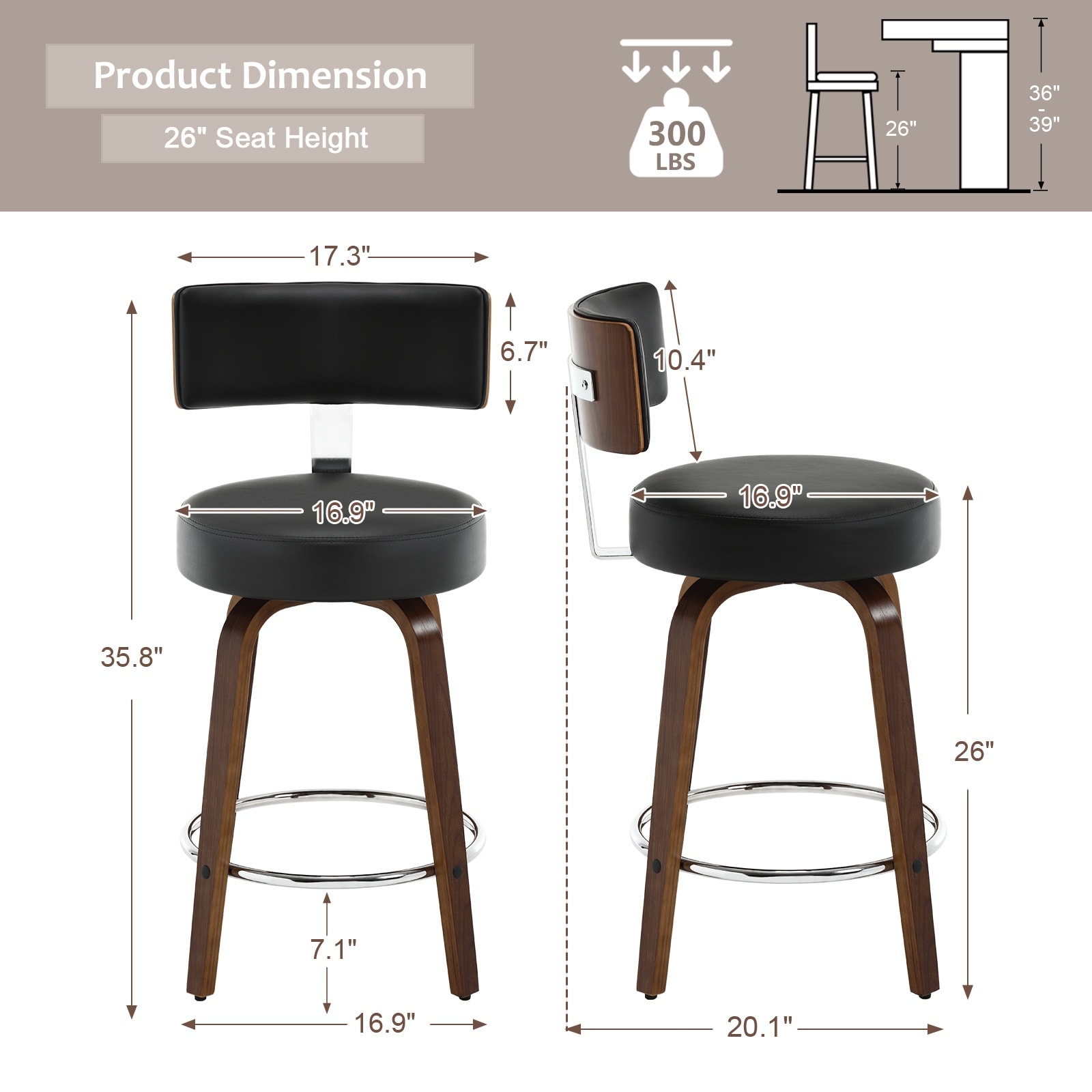 Faux Leather Upholstered Swivel Counter Height Bar Stool