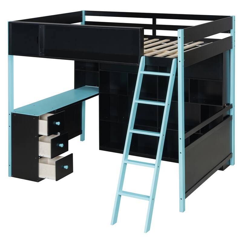 Full Size Wood Loft Bed with Desk, Ample Storage Space and Light