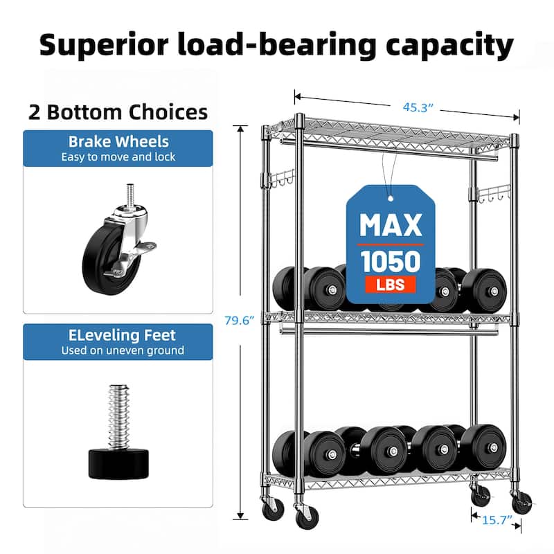 Heavy Duty Rolling Garment Rack 3 Tiers Adjustable Wire Shelving Clothes Rack with 2 Rods and Side Hooks