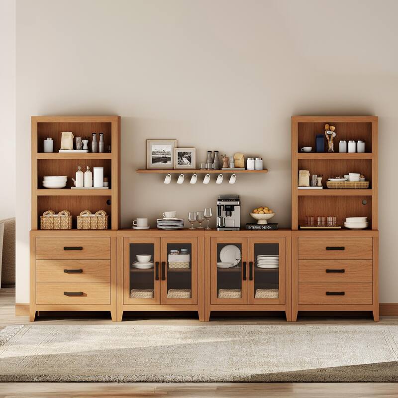 WAMPAT Farmhouse Entertainment Center with Bookshelves, Modular TV Stand with Drawers & Glass Doors - 126"W x 72.2"H x 15.4"D