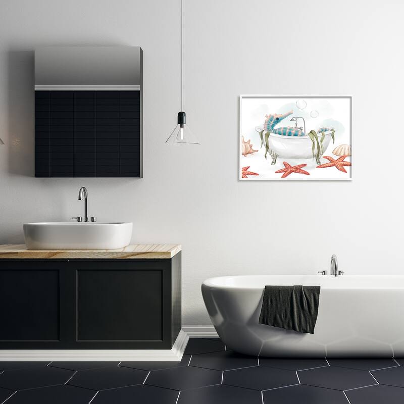 Stupell Seahorse Resting Nautical Bath Tub Starfish Bubbles Framed Wall Art