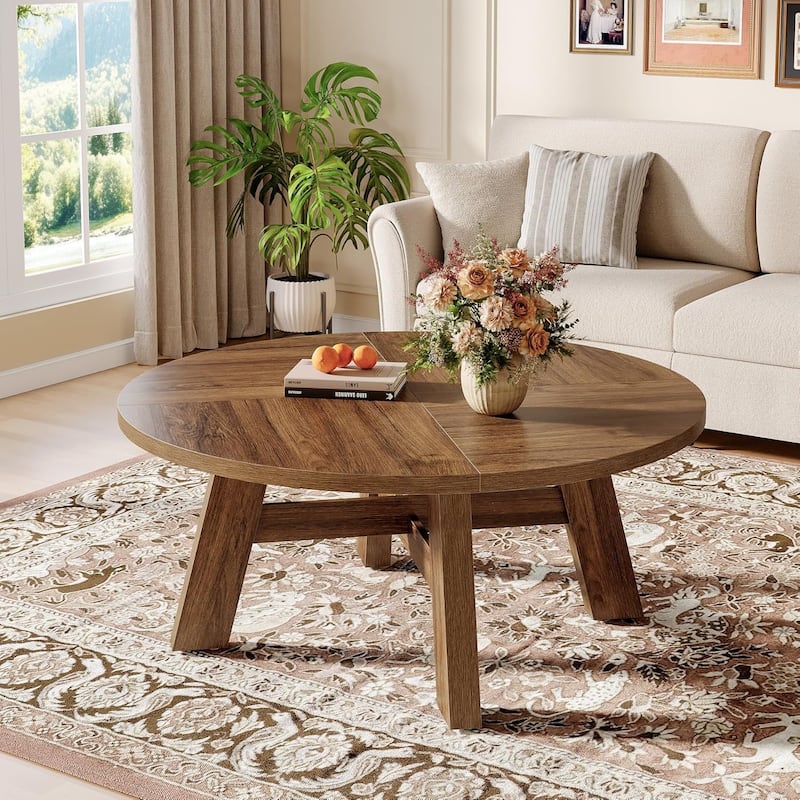 39" Round Coffee Table, Mid Century Modern Circle Center Tables for Living Room - 39.37" L × 39.37" W × 17.7" H - Walnut Brown