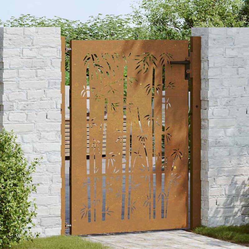 vidaXL Garden Gate Decorative Door Outdoor Fence Corten Steel Bamboo Design