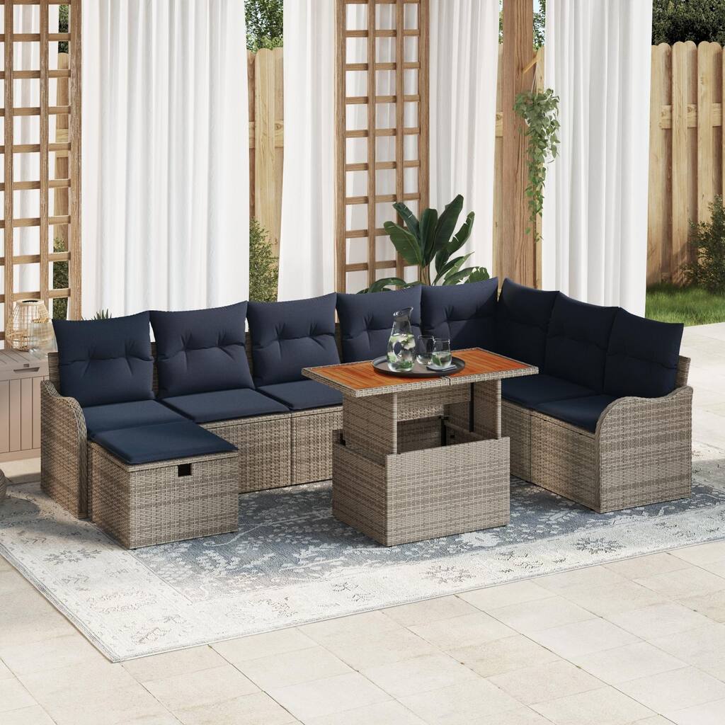 vidaXL 9 Garden Sofa Set with Cushions Black/Grey Poly Rattan - 113.2 x 73 x 27.2