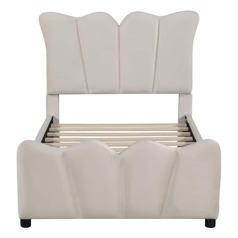 Platform Bed Velvet Upholstered Bed for bedroom - Twin - Beige