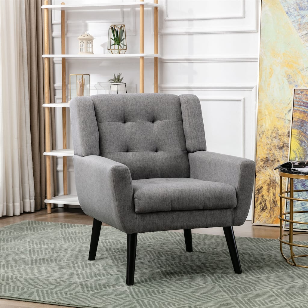 Light Gray Linen 29.53" Buttons Tufted Accent Chair with Black Legs